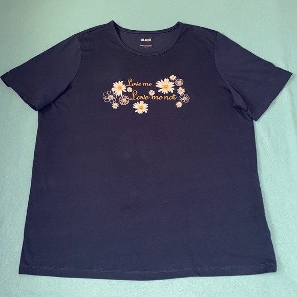 BLAIR daisy short sleeve crewneck blue white yellow soft tee T-shirt top size L - Picture 5 of 8
